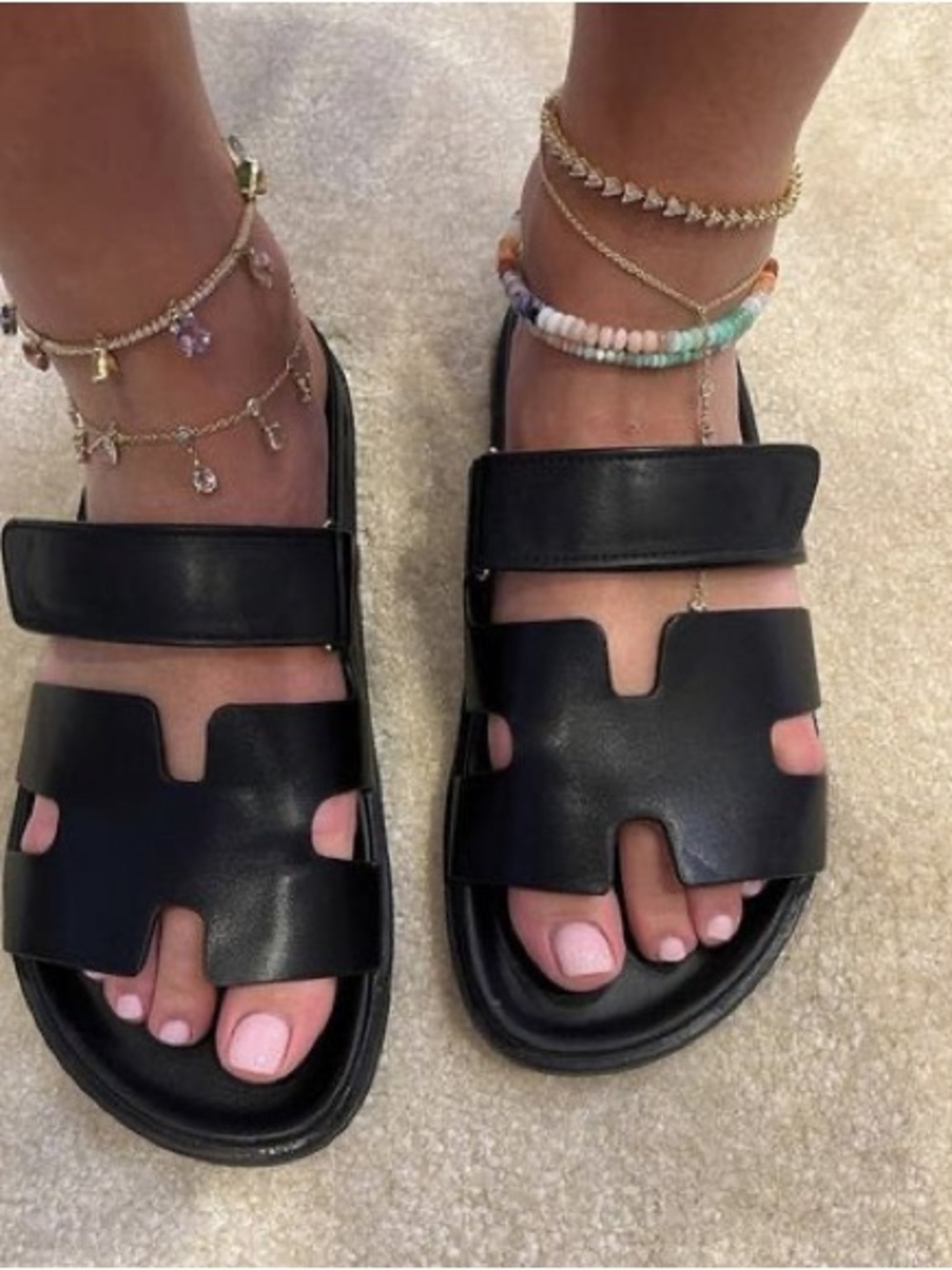 Women’s Black Cutout Slide Sandals with Adjustable Strap Size 41/10